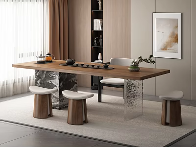 Elegant Modern Tea Table And Chairs Interior With Wooden Desktop And Acrylic Legs 3d model