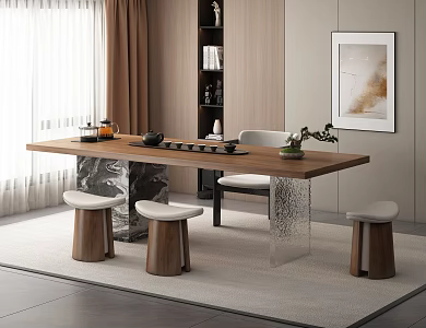 Solid Wood Tea Table and Chair Combination Light Luxury Island Table Tea Table Tea Table Office Reception Large Board Table Solid Wood Italian Tea Chair Tea Stool Tea Set 3d model