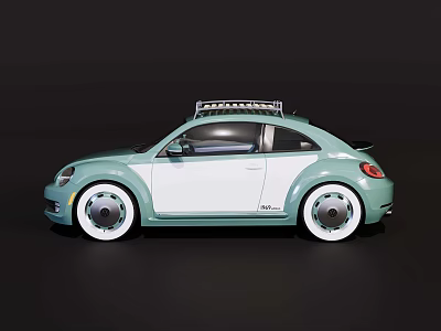 Light Green And White Beetle Car With Roof Rack On Black Background 3d model