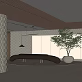 Modern Reception With Brown Wooden Ceiling Gray Brick Wall Curved Black Desk And Potted Tree
