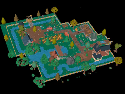 Cartoon Scene With Colorful Trees Various Buildings River Garden Bridge And Paths 3d model
