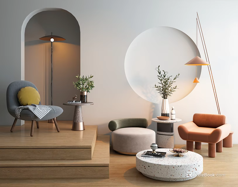 Modern Sofa Coffee Table Combination With Accent Chairs Plants Floor Lamp And Curved Wall 3d model 