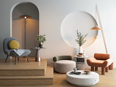 Modern Sofa Coffee Table Combination With Accent Chairs Plants Floor Lamp And Curved Wall 3d model