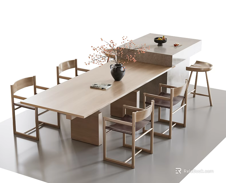 Modern Minimalist Wooden Dining Table Set With Chairs Island Counter And Vase Flowers 3d model 
