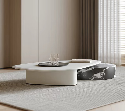Modern White Coffee Table With Black Tray Glassware And Patterned Ottoman In Living Room Interior 3d model