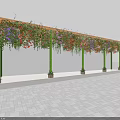 Colorful Flower Covered Pergola with Green Columns White Wall and Gray Brick Floor