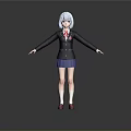 3D Anime Character with Light Blue Hair Black Coat Blue Skirt White Stockings Red Shoes