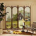 Vintage Decorative Screen With Rustic Landscape Painting Armchair Potted Plant And Sunflowers