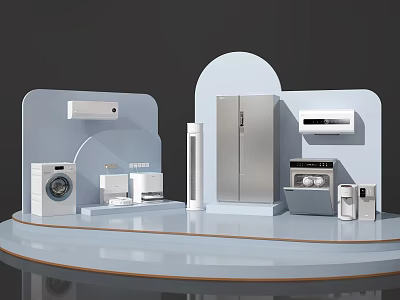 Modern Home Appliances Display With Washing Machine Refrigerator And Light Blue Curved Panels 3d model
