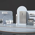 Modern Home Appliances Display With Washing Machine Refrigerator And Light Blue Curved Panels