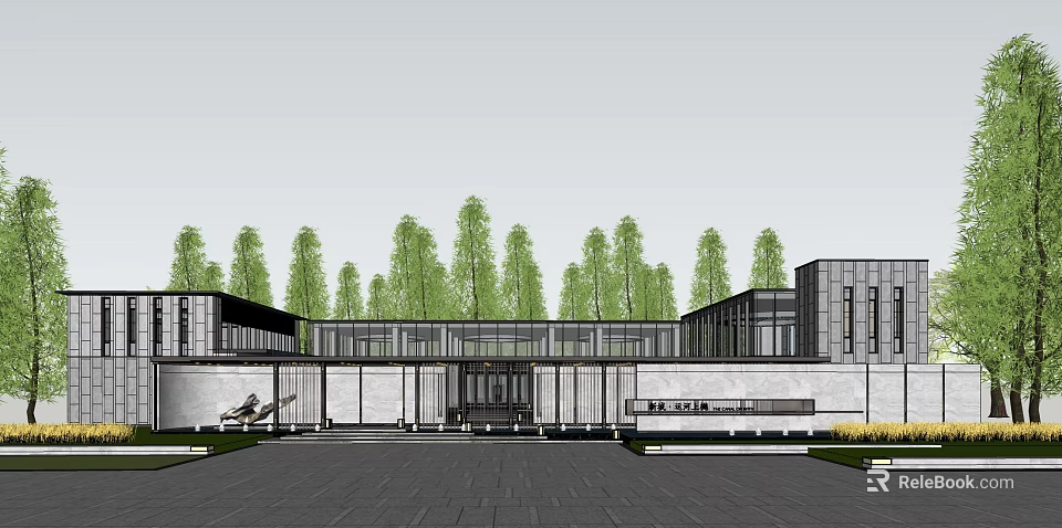 Modern Elegant Entrance Gate With Glass Facade And Green Trees Surrounding 3d model 