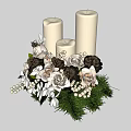 Elegant Decorative Ornament Set With White Candles Roses Pine Cones And Green Leaves