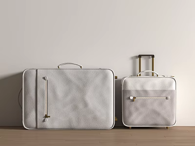 Light Gray Leather Suitcases With Metal Accents On Wooden Floor Against Light Wall 3d model