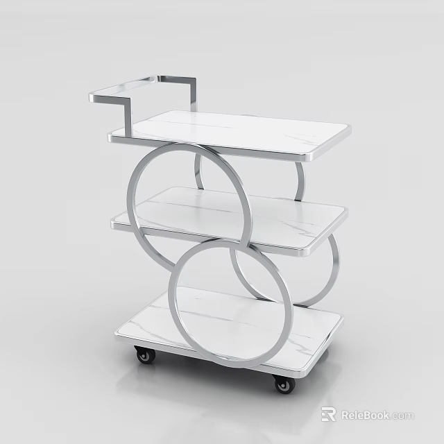 Three Tier Trolley With Silver Metal Frame And White Marble Top On Wheels 3d model 