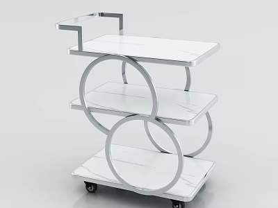 Three Tier Trolley With Silver Metal Frame And White Marble Top On Wheels 3d model