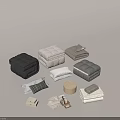 Neutral Colored Bedding Items Including Folded Comforters Pillows Blankets And Storage Accessories