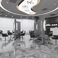 Modern Hair Salon Interior With Black Styling Chairs Mirrors Marble Floor And Round Ceiling