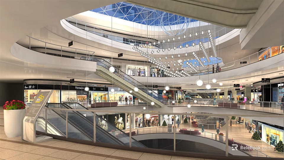 Spacious Shopping Mall Atrium With Multiple Floors Escalators Hanging Lights And Shoppers 3d model 