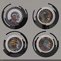 Decorative Round Items Featuring Four Different Helmet Designs With Black Circular Borders 3d model