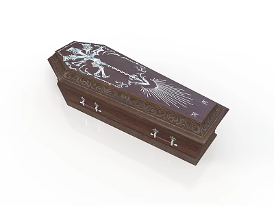 Dark Brown Wooden Coffin With Intricate White Floral Carvings And Metal Handles 3d model