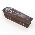 Dark Brown Wooden Coffin With Intricate White Floral Carvings And Metal Handles