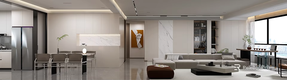 Modern Living Dining Room Interior With Marble Wall Sofa Artwork And Lighting 3d model