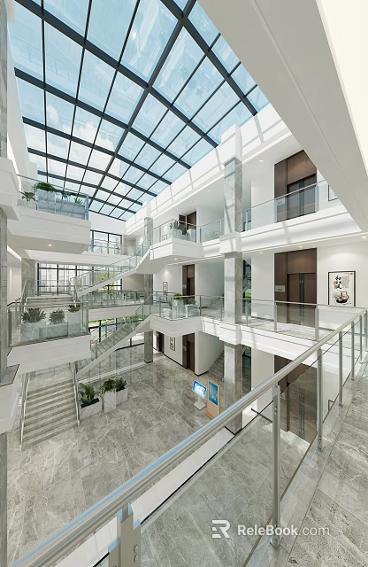 Modern Multi Level Atrium Interior with Glass Skylight Staircase Elevators and Green Plants 3d model 