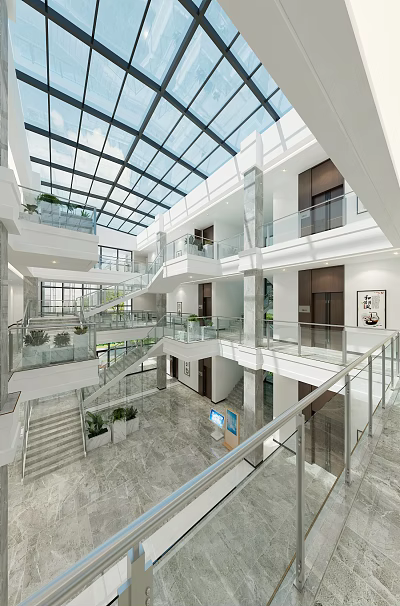 Modern Multi Level Atrium Interior with Glass Skylight Staircase Elevators and Green Plants 3d model