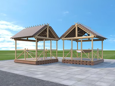 Outdoor Wooden Pergola Structure With Sloped Roof Stone Pavement Grassland And Blue Sky 3d model