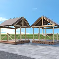 Outdoor Wooden Pergola Structure With Sloped Roof Stone Pavement Grassland And Blue Sky