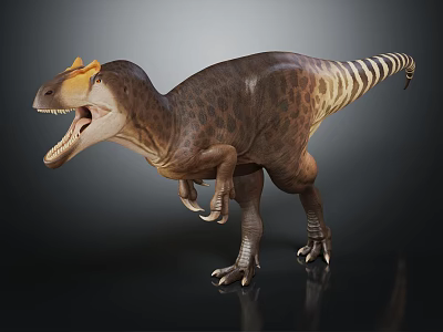 3D Rendered Dinosaur With Yellow Crest Brown Body Spots And Open Mouth Standing Pose 3d model