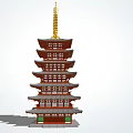 Traditional Red Pagoda with Multi Tiered Structure Golden Spire and Decorative Eaves