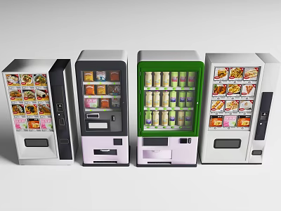 Four Commercial Vending Machines In Various Colors Dispensing Snacks Drinks And Canned Beverages 3d model