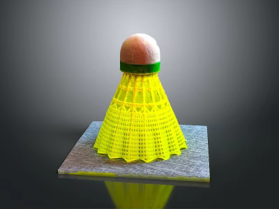Yellow Badminton Shuttlecock Equipment With White Green Cork Top On Gray Base 3d model