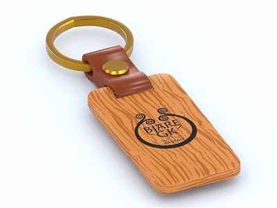 Wooden Keychain Decorative Ornament Set With Golden Ring Brown Leather And Eye Of Sky Logo 3d model