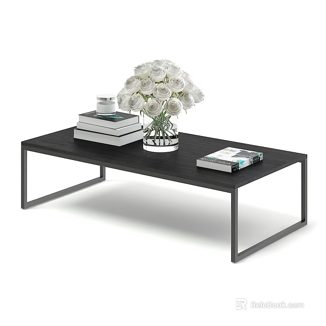 Black Modern Dining Table with Minimalist Design White Flower Bouquet Books and Small Cup 3d model 