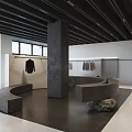 Minimalist Modern Clothing Store Interior With Gray Counter And Hanging Clothes
