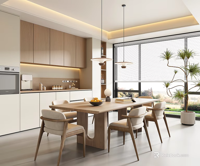 Modern Restaurant Interior With Wooden Cabinets Dining Table Pendant Lights And Large Windows Plant 3d model 