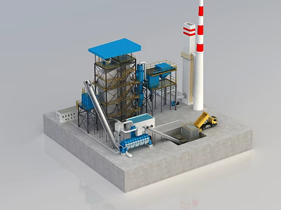 Industrial Equipment in Processing Plant with Blue Structure White Chimney Yellow Loader and Conveyor System 3d model
