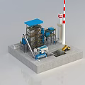 Industrial Equipment in Processing Plant with Blue Structure White Chimney Yellow Loader and Conveyor System
