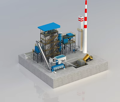 Industrial Equipment in Processing Plant with Blue Structure White Chimney Yellow Loader and Conveyor System 3d model