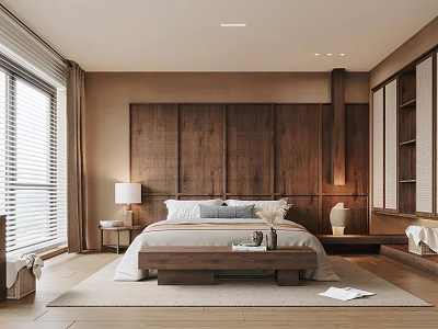 Modern Bedroom Interior Design With Wooden Headboard Large Bed Nightstand Lamp And Blinds 3d model