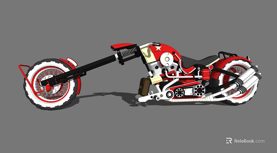 Red Chopper Style Motorcycle With Long Front Fork Black Seat And Engine Details 3d model 