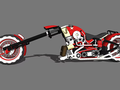 Red Chopper Style Motorcycle With Long Front Fork Black Seat And Engine Details 3d model