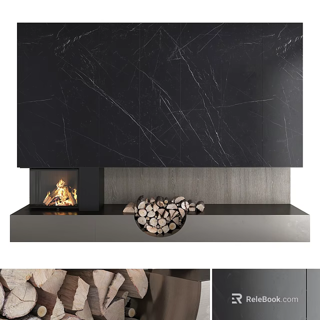 Modern Black Marble TV Wall Design With Fireplace And Stacked Firewood 3d model 