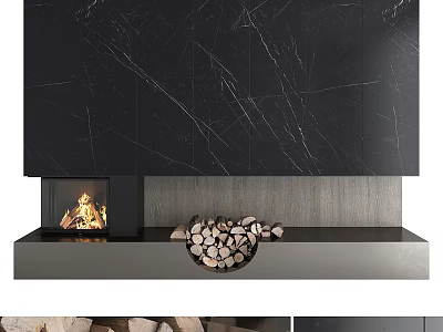Modern Black Marble TV Wall Design With Fireplace And Stacked Firewood 3d model