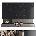Modern Black Marble TV Wall Design With Fireplace And Stacked Firewood