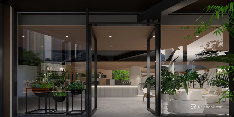 Modern Cafe Interior With Glass Doors Lush Plants And Cozy Seating 3d model 