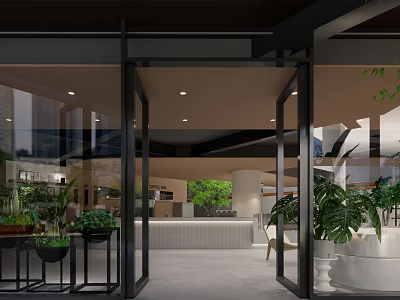 Modern Cafe Interior With Glass Doors Lush Plants And Cozy Seating 3d model
