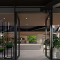 Modern Cafe Interior With Glass Doors Lush Plants And Cozy Seating